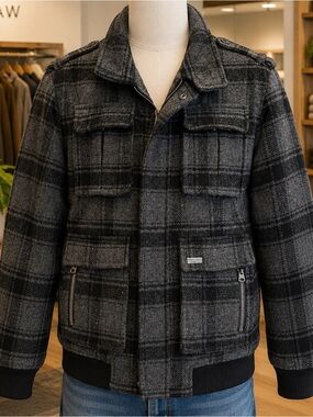 Projek Raw Wool Blend Plaid Bomber Jacket Gray Black Utility Zip Snap Men’s L